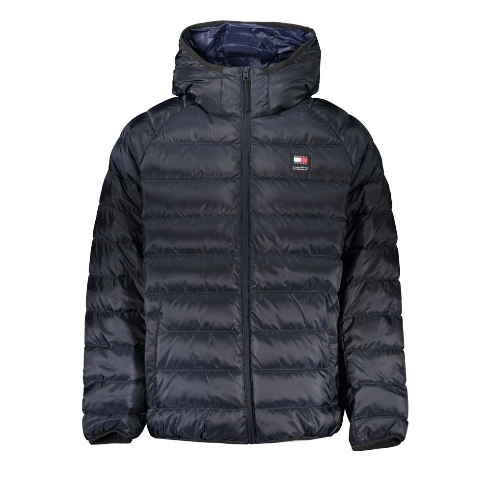 Black puffer jacket with a brand logo on a white background