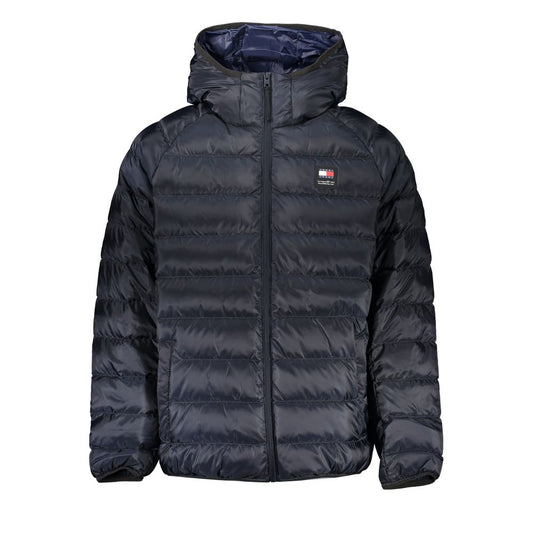 Black puffer jacket with a brand logo on a white background