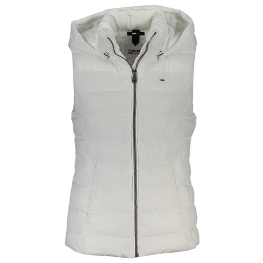 White quilted vest with a brand logo on a white background