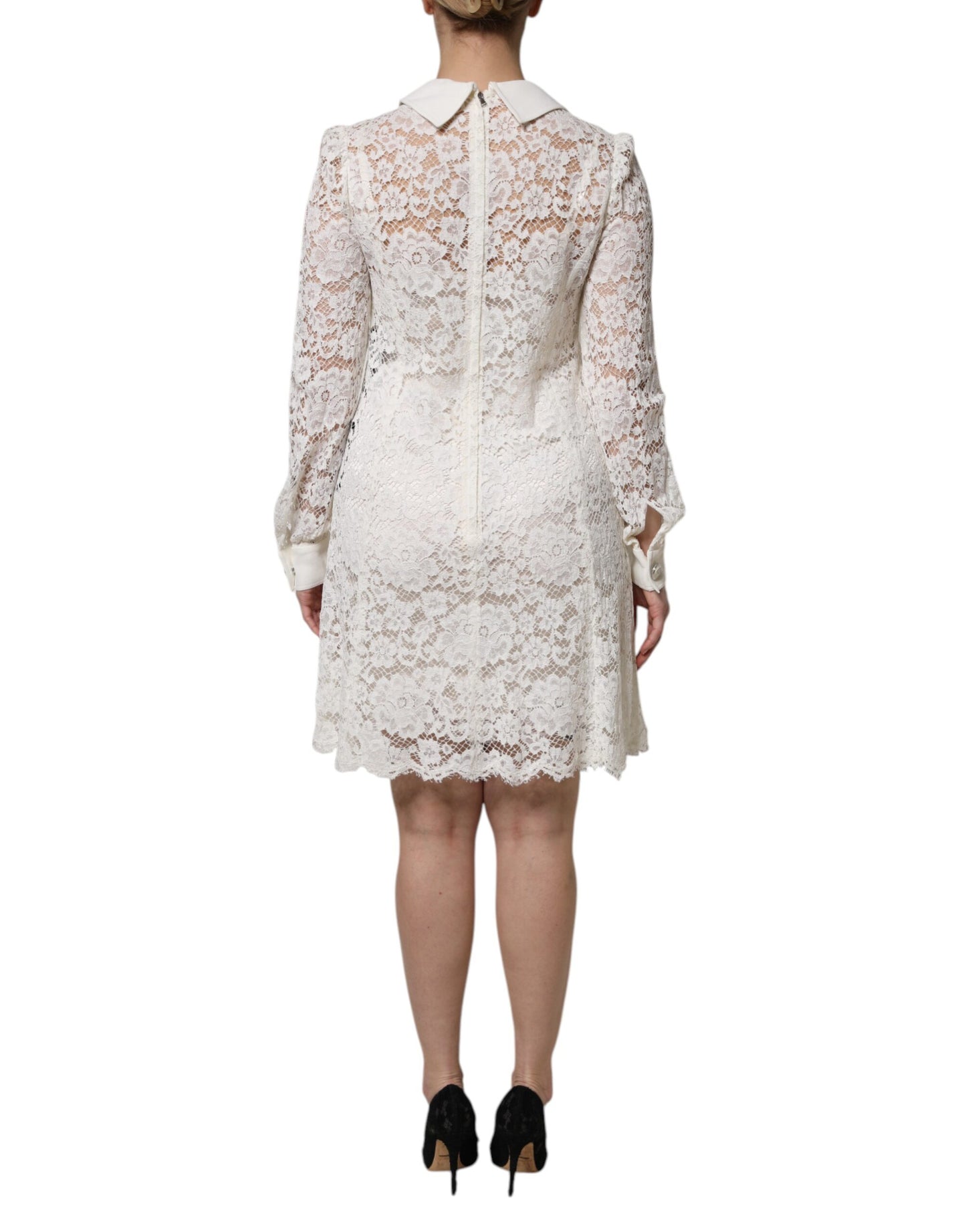 Dolce & Gabbana White Floral Lace Long Sleeves A-line Dress