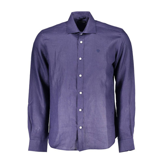 Purple button-up shirt on a white background
