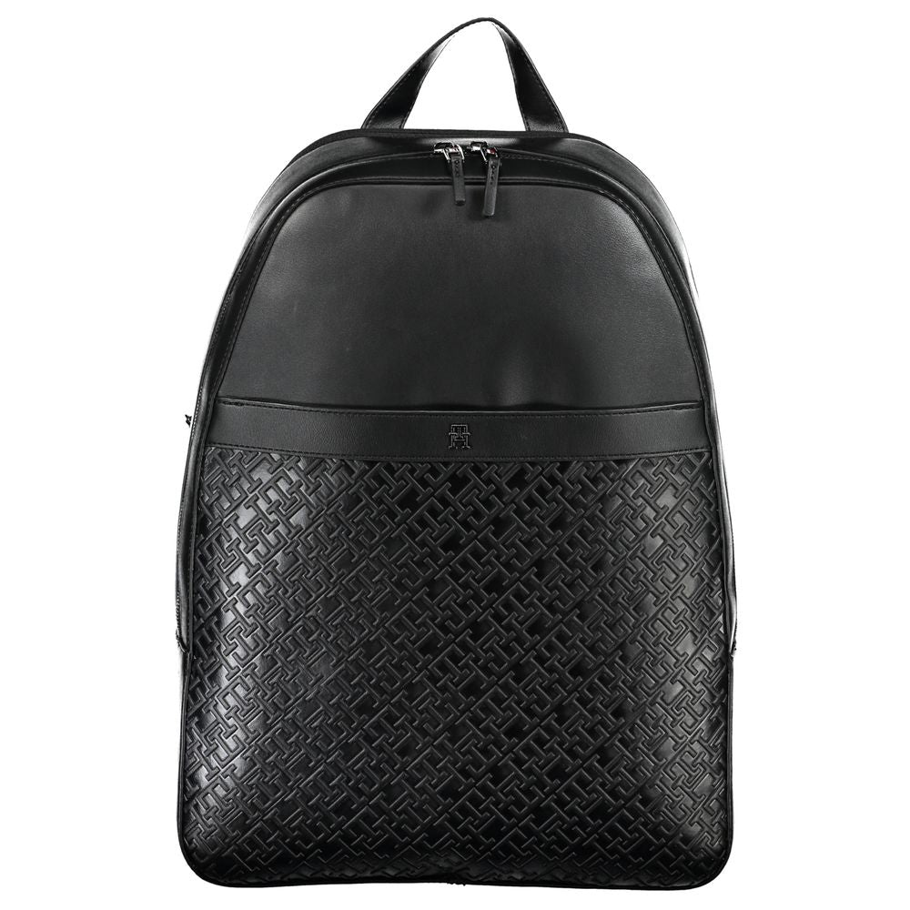 Black backpack with woven pattern on a white background
