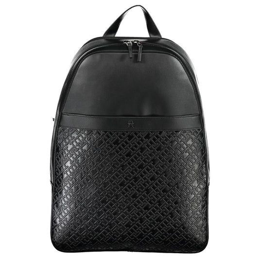 Black backpack with woven pattern on a white background