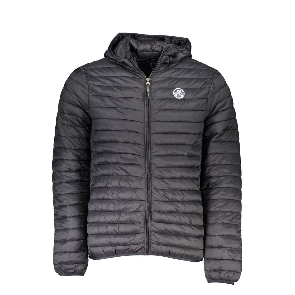 Black puffer jacket with a brand logo on a white background