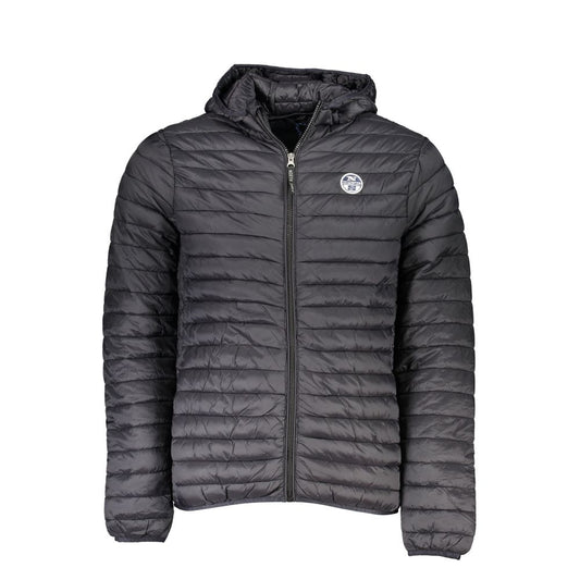 Black puffer jacket with a brand logo on a white background