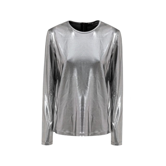 Silver metallic long-sleeve top on a white background