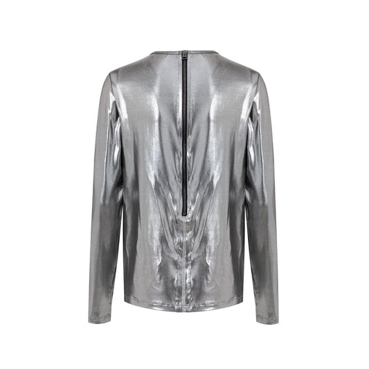 Silver metallic long-sleeve top on a white background