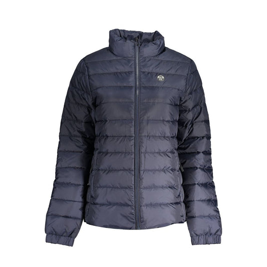 Dark blue puffer jacket on a white background