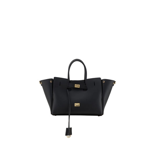 Black handbag with gold accents on a white background