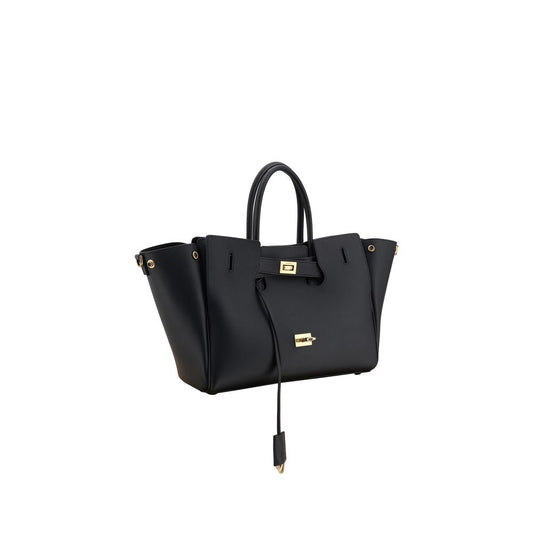 Black handbag with gold accents on a white background