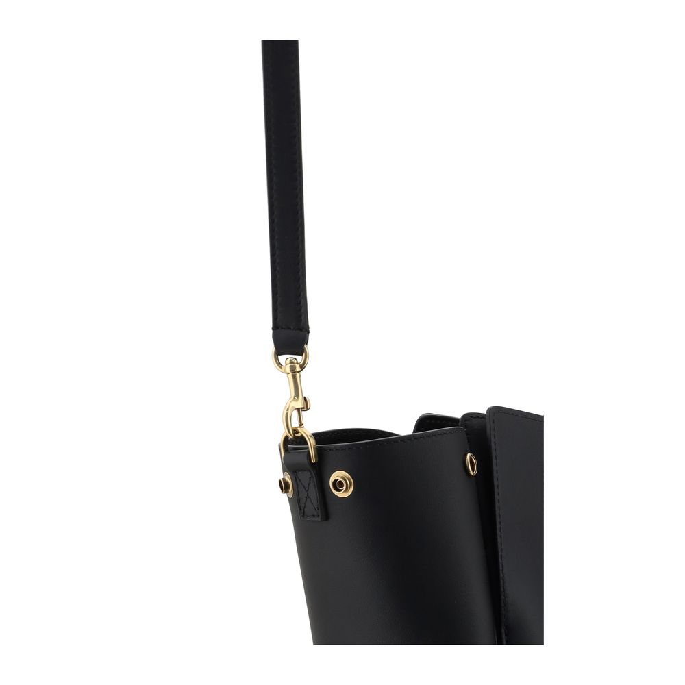 Black handbag with gold accents on a white background