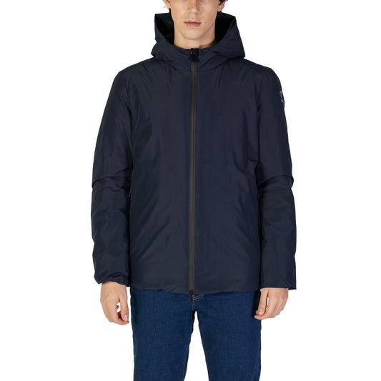 Person wearing a navy blue jacket on a white background