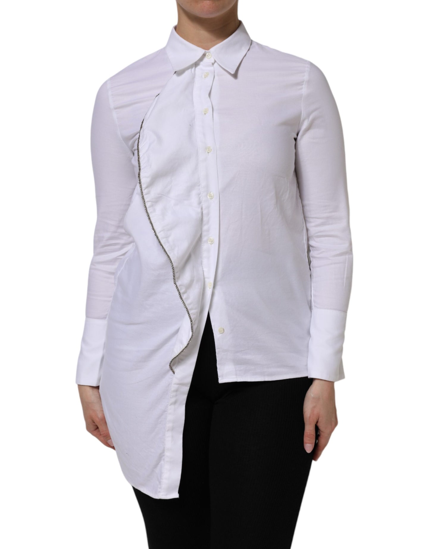AGLINI White Cotton Collared Long Sleeves Ruffle Top Shirt $509.00 AGLINI Luzworld