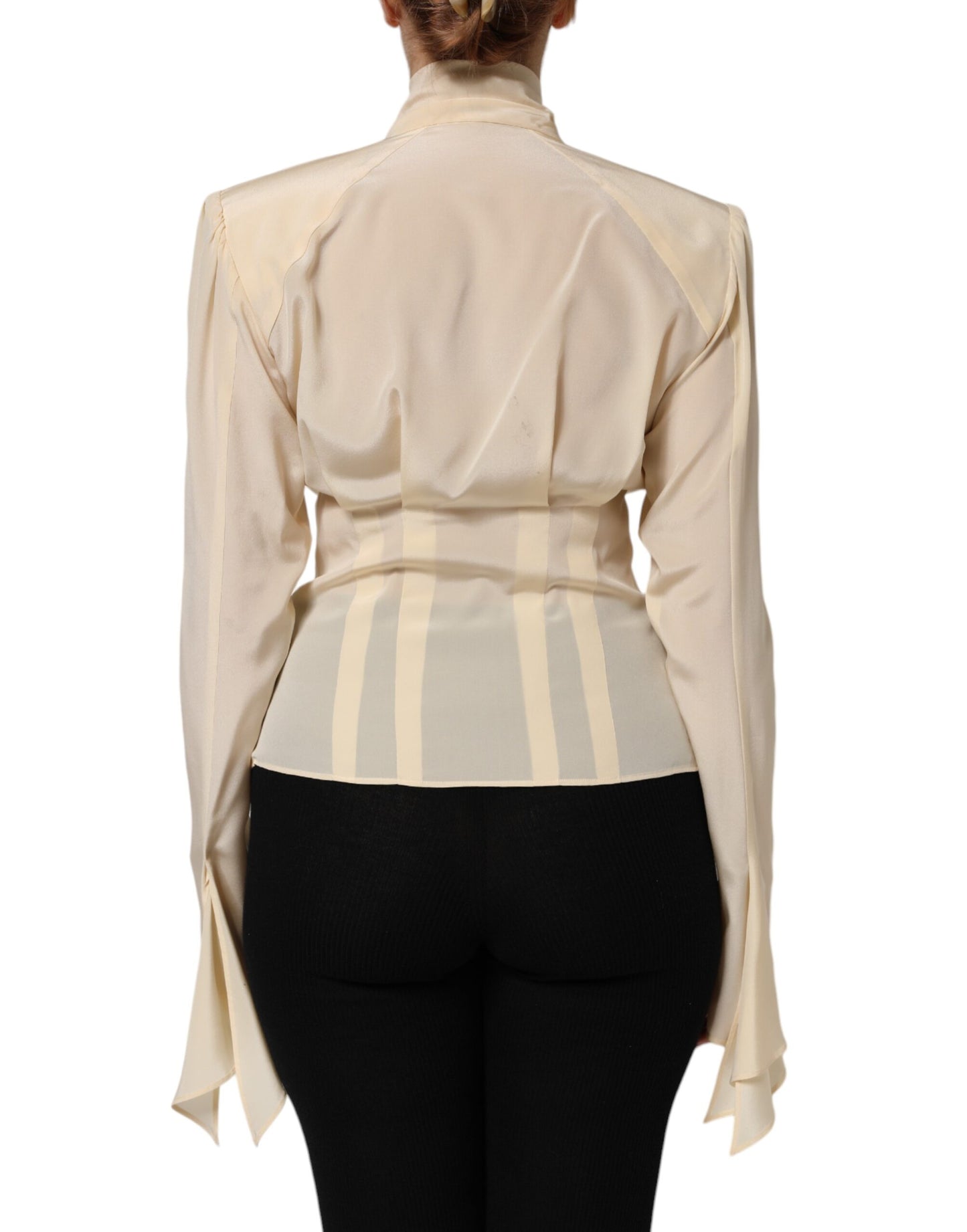 Dolce & Gabbana Light Yellow Silk Ascot Collared Blouse Top