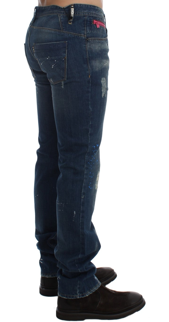 Costume National Blue Wash Paint Slim Fit Pants Jeans
