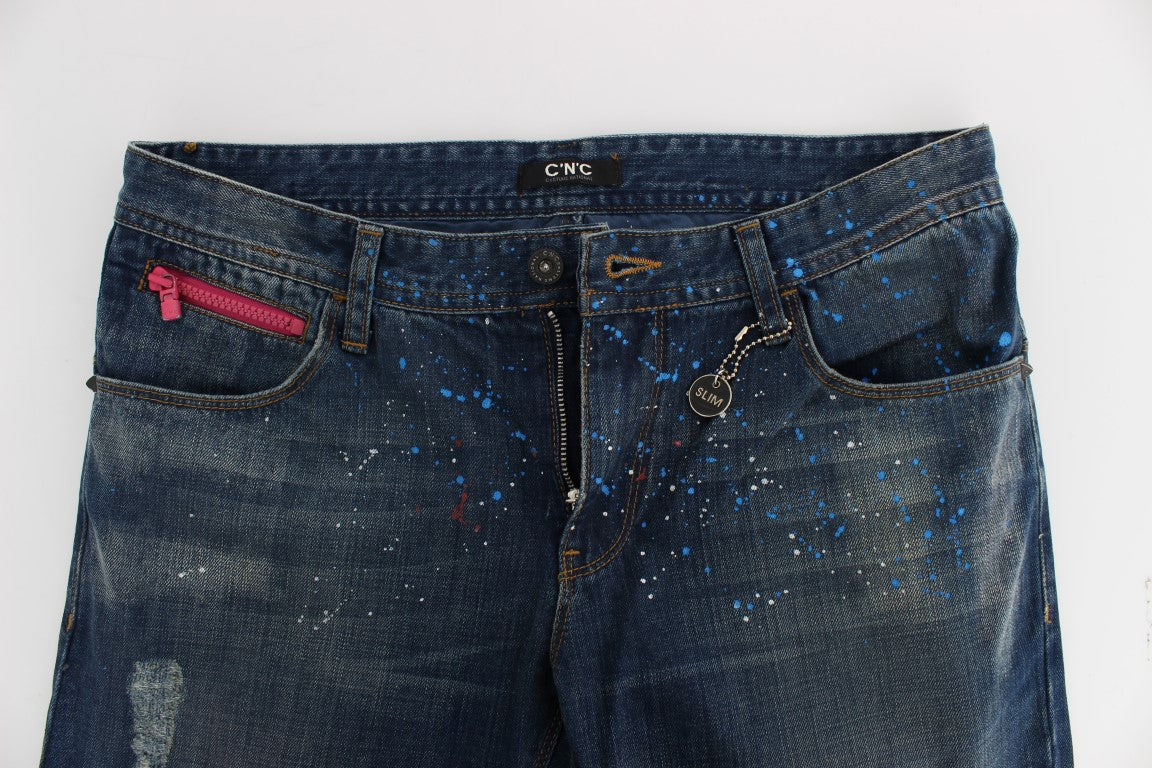 Costume National Blue Wash Paint Slim Fit Pants Jeans