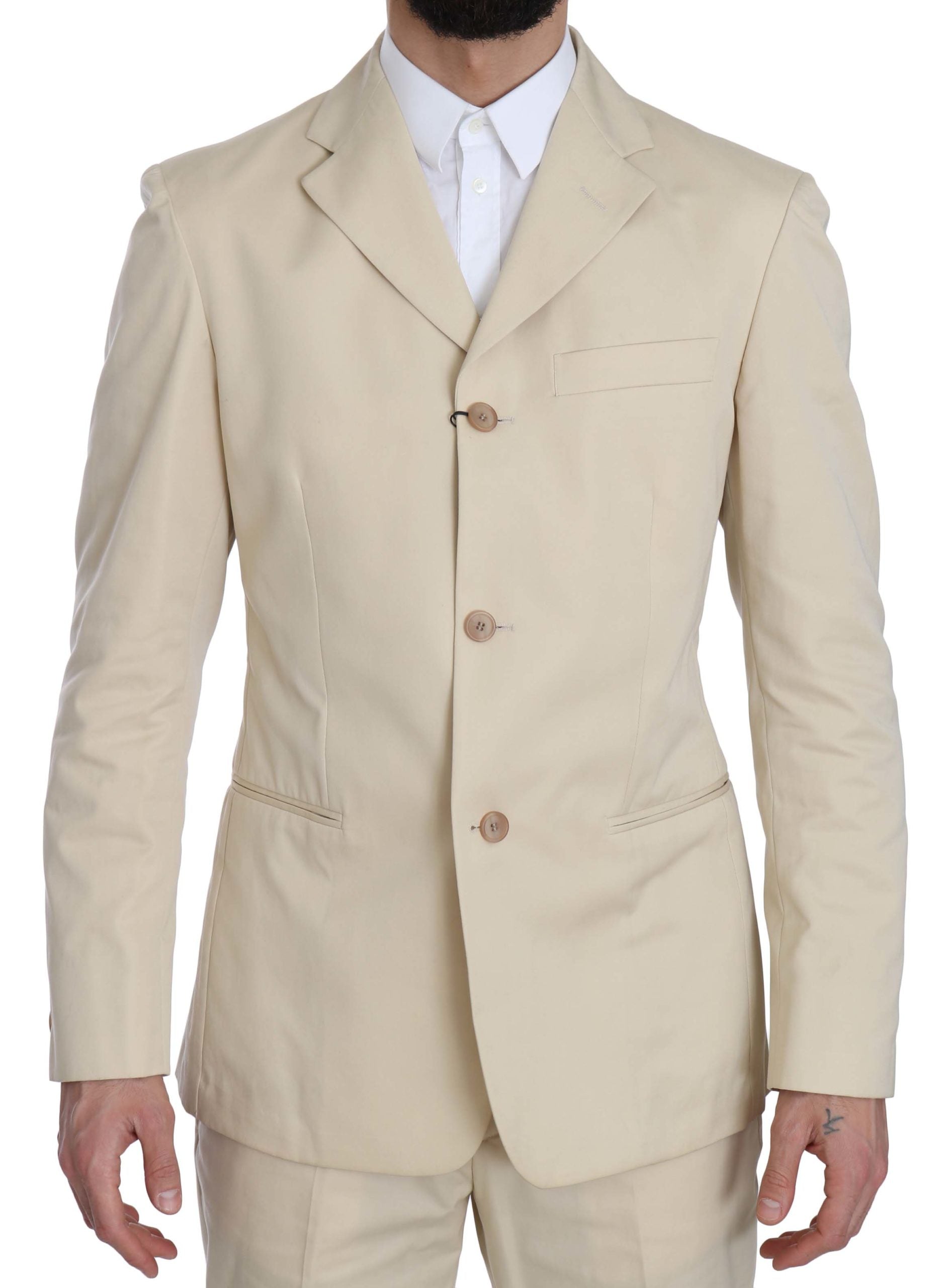 Romeo Gigli Two Piece 3 Button Beige Cotton Solid Suit $916.00 Romeo Gigli Luzworld