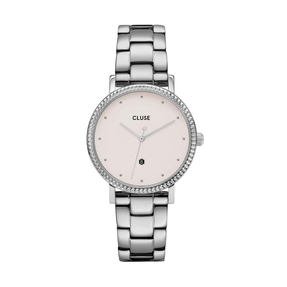 Silver Cluse watch on a light gray background