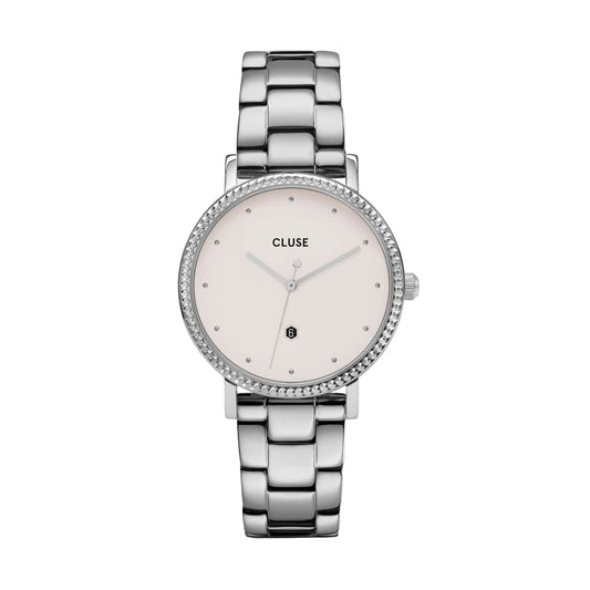Silver Cluse watch on a light gray background