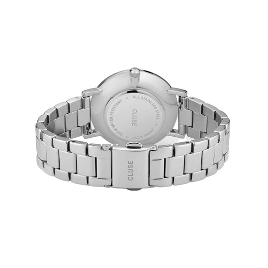 Silver watch with metal bracelet on a light gray background
