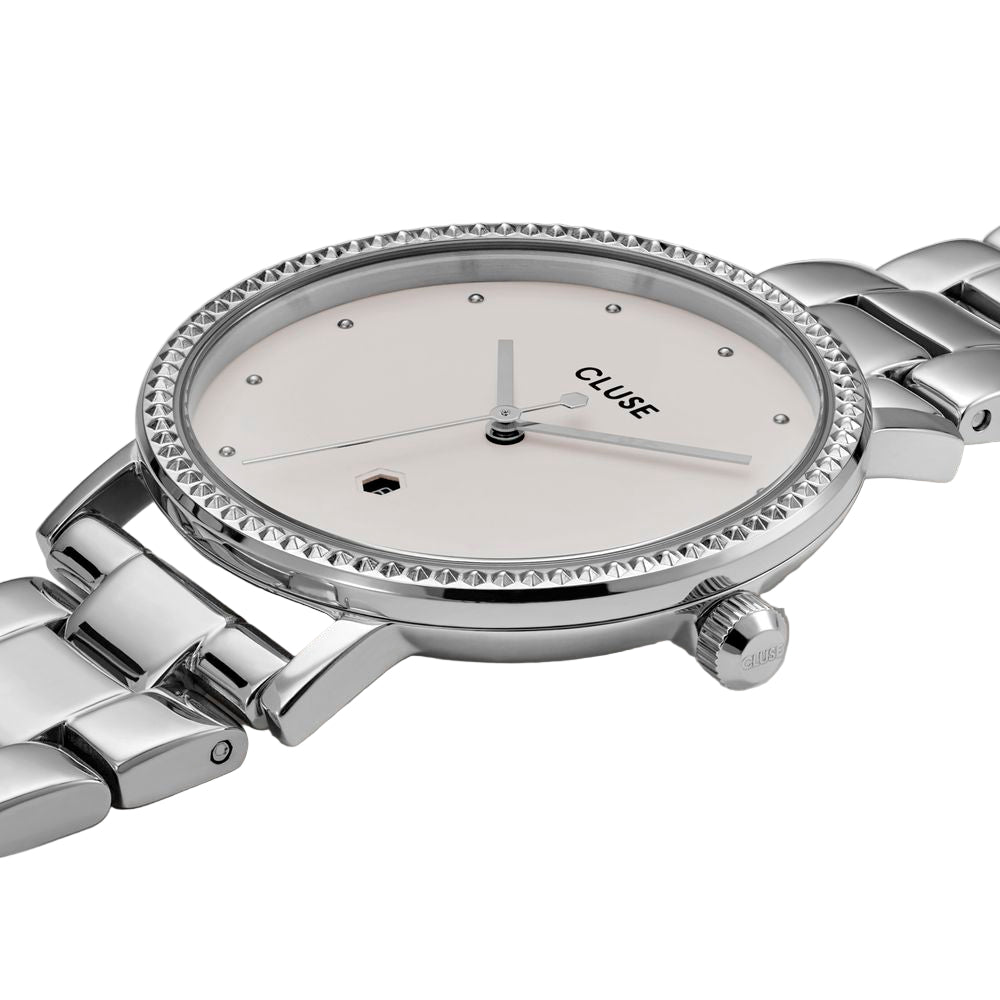 Silver Cluse watch on a white background
