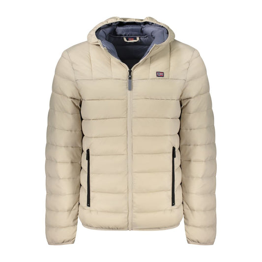 Beige puffer jacket with brand logo on a white background