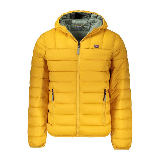 Yellow puffer jacket with a brand logo on a white background