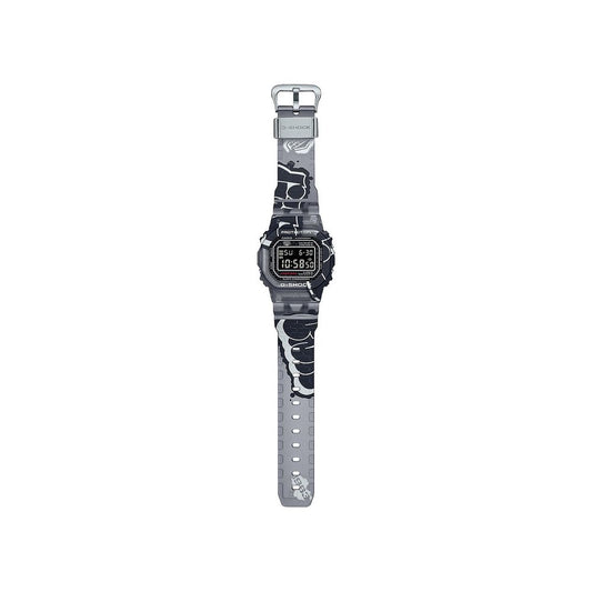 Smartwatch with a black and gray patterned band on a white background