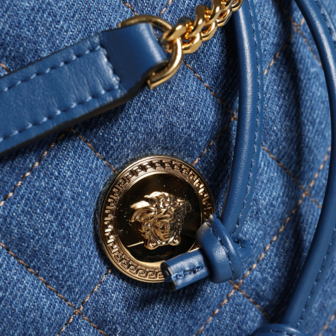 Versace Blue Quilted Denim Leather Crossbody Shoulder Bag $2045.00 Versace Luzworld