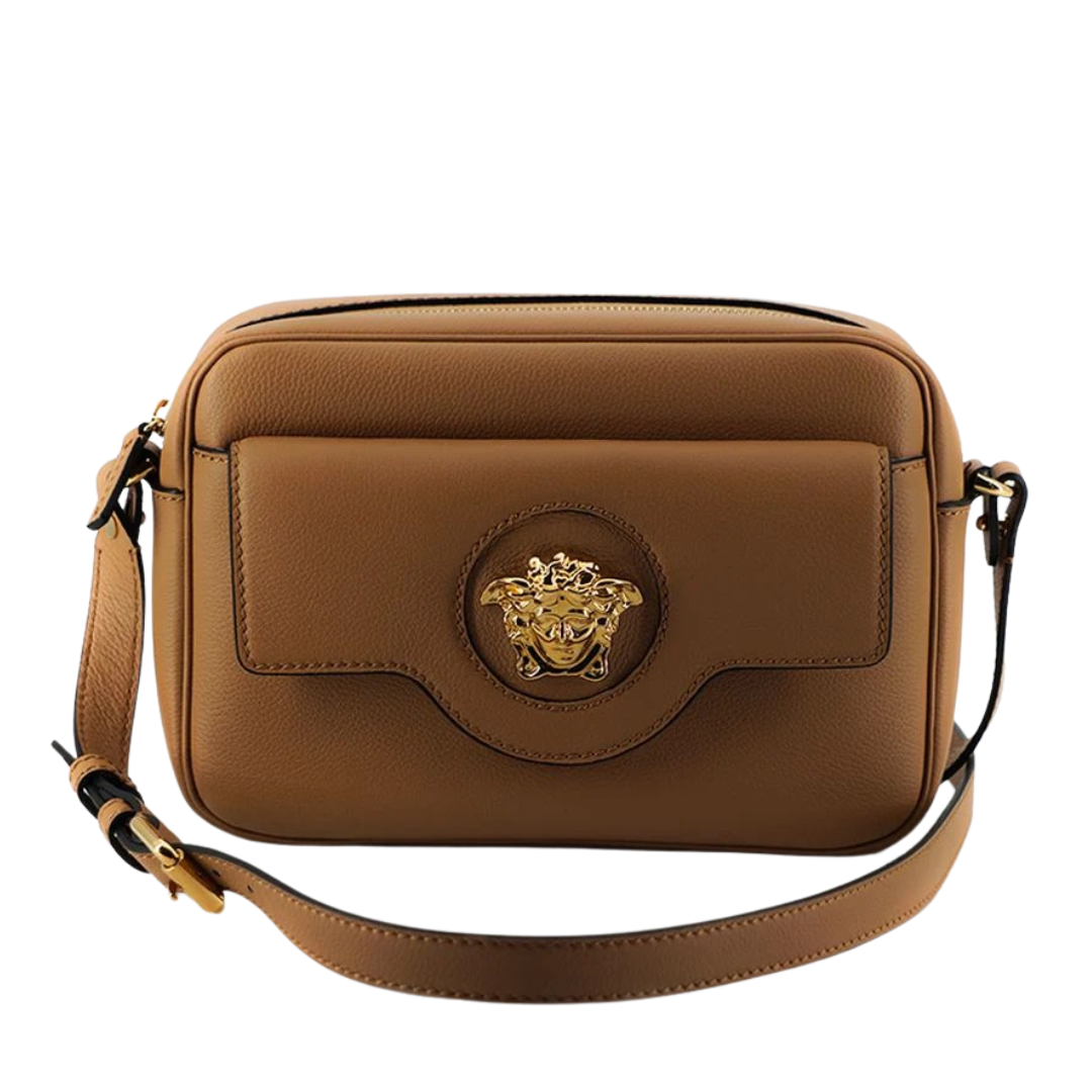 Versace Elegant Brown Leather Camera Case Shoulder Bag $2622.00 Versace Luzworld