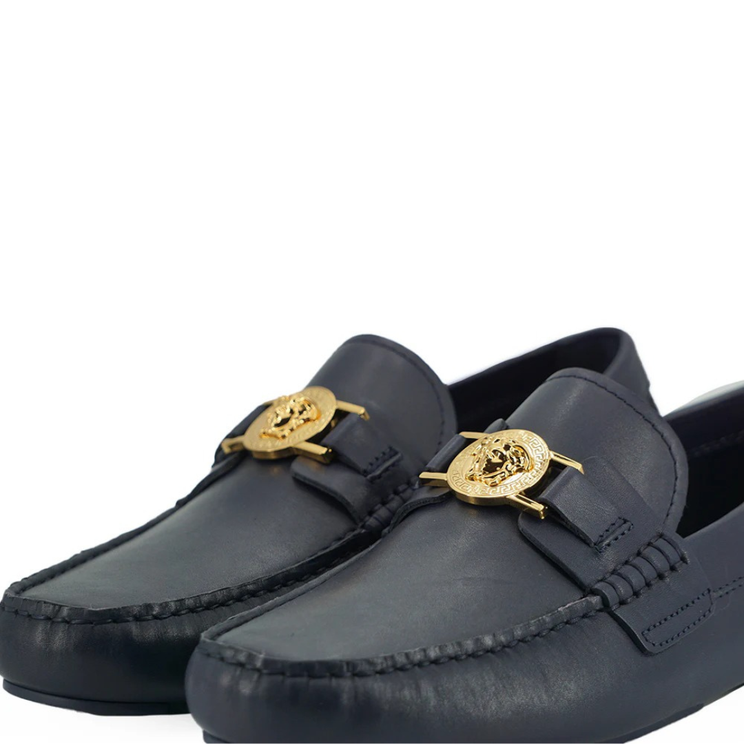 Versace Elegant Navy Blue Calf Leather Loafers $1301.00 Versace Luzworld