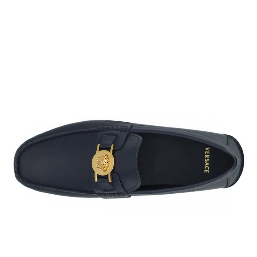 Versace Elegant Navy Blue Calf Leather Loafers $1301.00 Versace Luzworld