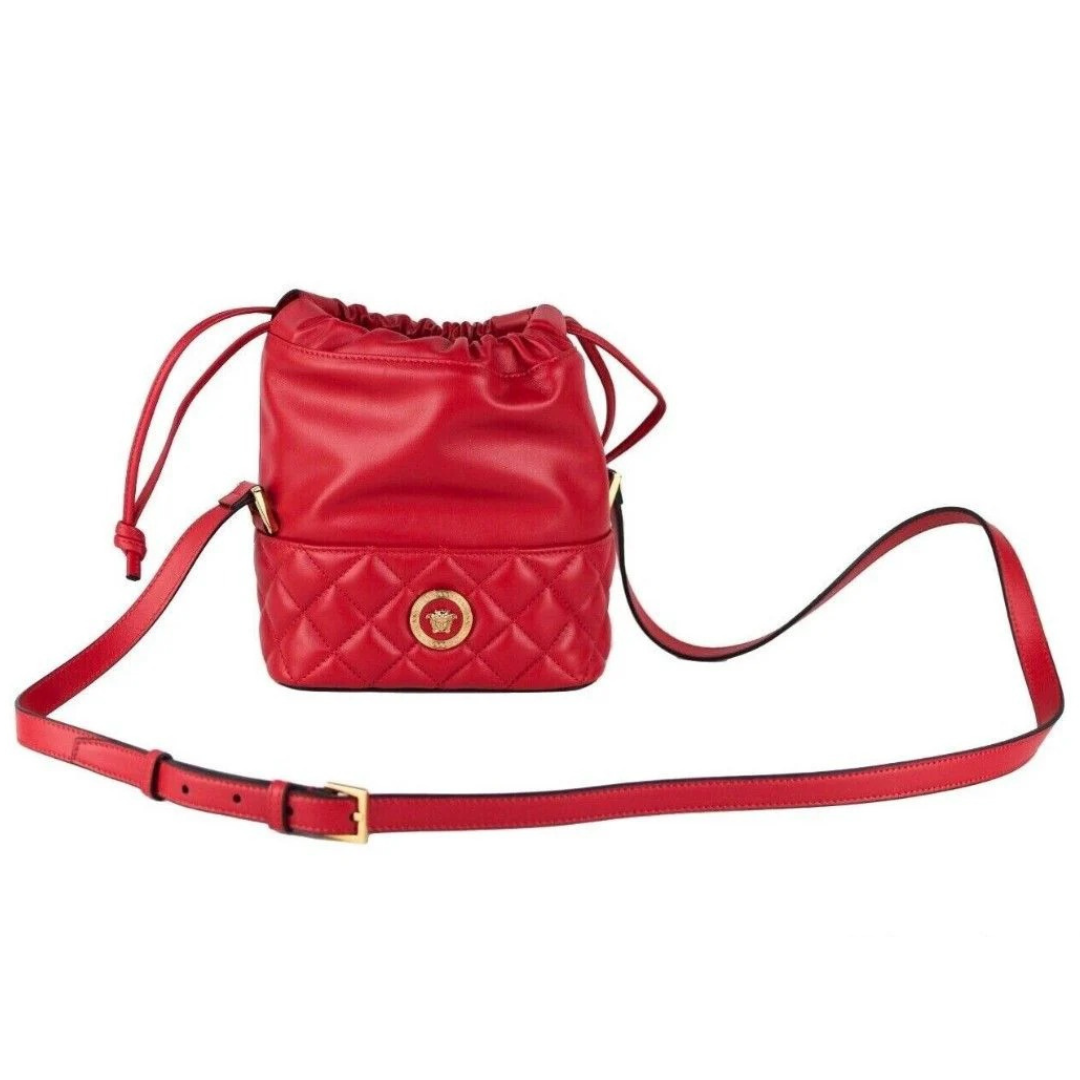 Versace Red Quilted Leather Drawstring Shoulder Bag Bucket Crossbody Handbag $1920.00 Versace Luzworld